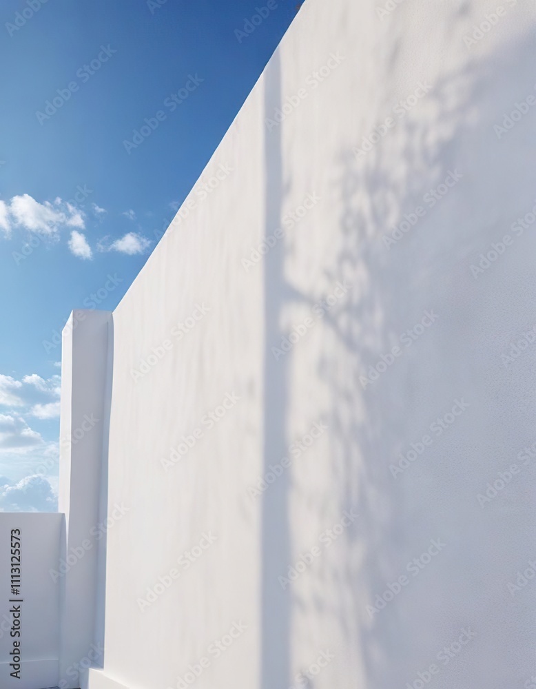 A striking contrast between the white wall and the bright blue sky above, serene scenery, neutral tone, architectural feature