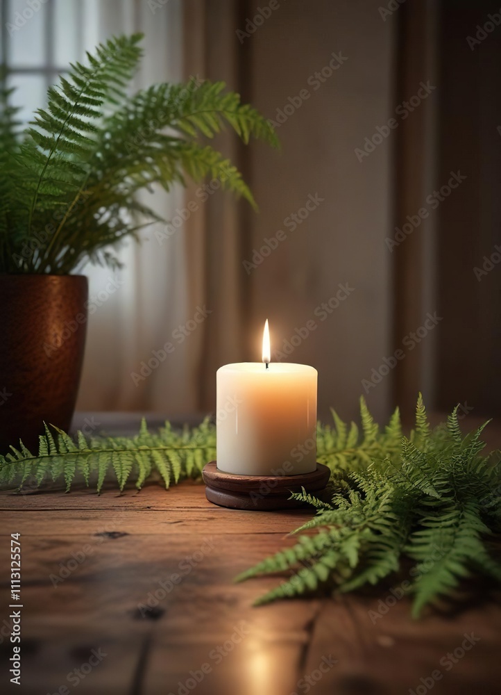 A low-slung wooden table holds a delicate fern and a single pillar candle, nature-inspired decor, soft light, indoor plants A low-slung wooden table holds a delicate fern and a single pillar candle, nature-inspired decor, soft light, indoor plants