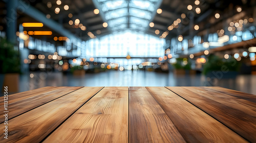 Wooden Tabletop Mockup against Blurred Modern Building Interior Background