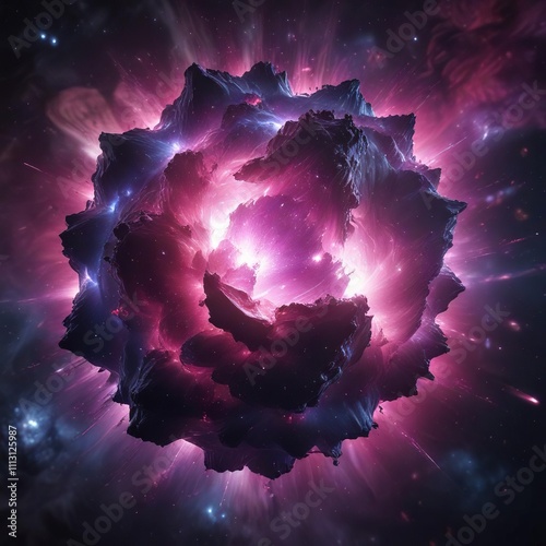 Crystalblue particles radiate from a deep magenta nebula in brilliant flashes of light that illuminate the dark expanse of space, crystalblue, nebula photo