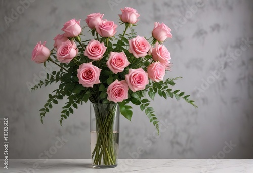 Wallpaper Mural majestic long-stemmed pink roses in a tall vase with greenery , regal atmosphere, dramatic arrangement, long-stemmed pink rose Torontodigital.ca