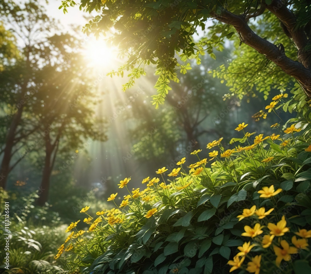 Obraz premium Lush green leaves with scattered golden flowers and sunlight filtering through, flowers, green