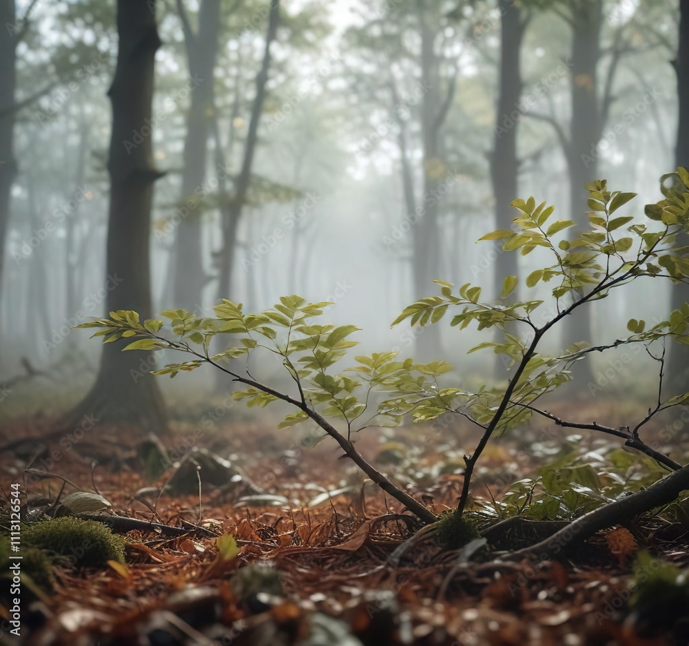 Soft focus of beech leaves and twigs on the forest floor amidst fog, woodland atmosphere, blurred details