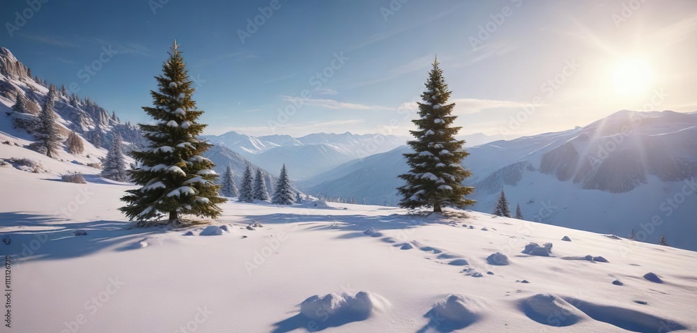 Fototapeta premium In a secluded snow-covered valley, a lone Christmas tree shines with soft light, snowy mountainside, secluded valley