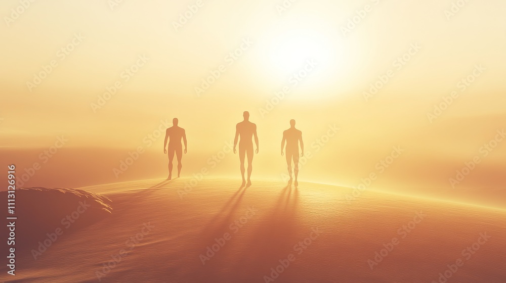 Fototapeta premium Figures walking towards a glowing sunset horizon.