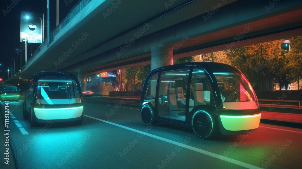 Futuristic autonomous vehicles on city street. Futuristic autonomous vehicles on city street.