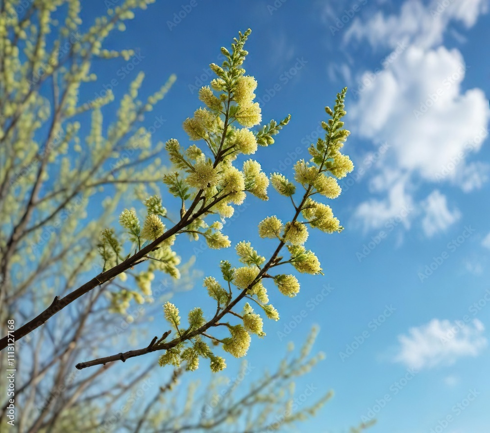 Spring catkin blooms in shades of yellow and green on thin twigs, against the bright blue sky, spring catkins, blossoms Spring catkin blooms in shades of yellow and green on thin twigs, against the bright blue sky, spring catkins, blossoms