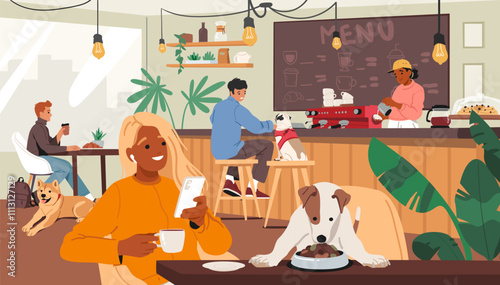 Dogs owners visiting eco-friendly pet cafe spending pleasure time drinking coffee feeding animals