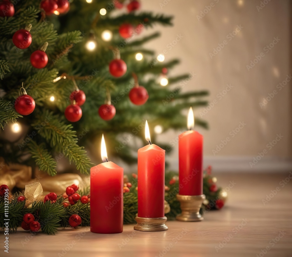 Isolated red Advent candle against the soft glow of a glowing Christmas tree, christmas tree lights, warm ambiance, red advent candle Isolated red Advent candle against the soft glow of a glowing Christmas tree, christmas tree lights, warm ambiance, red advent candle