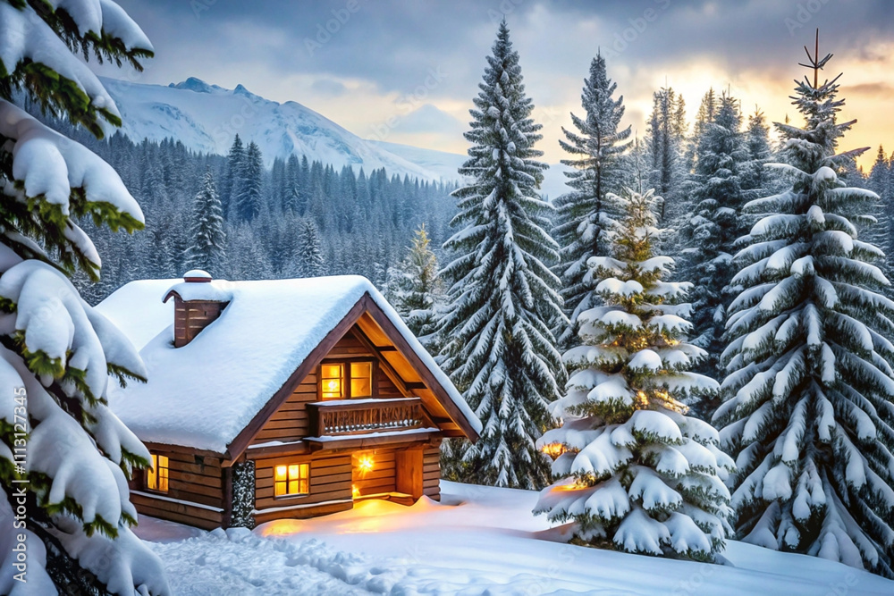 Fototapeta premium Cozy snow-covered cabin nestled in a snowy mountain forest at sunset.
