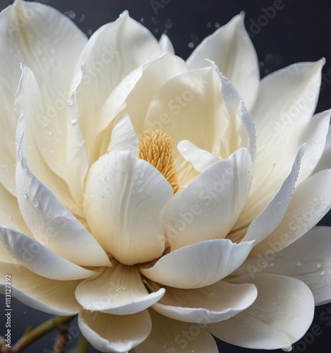 Soft focus image of a single creamy magnolia flower with dew drops and intricate texture , serene, texture, soft