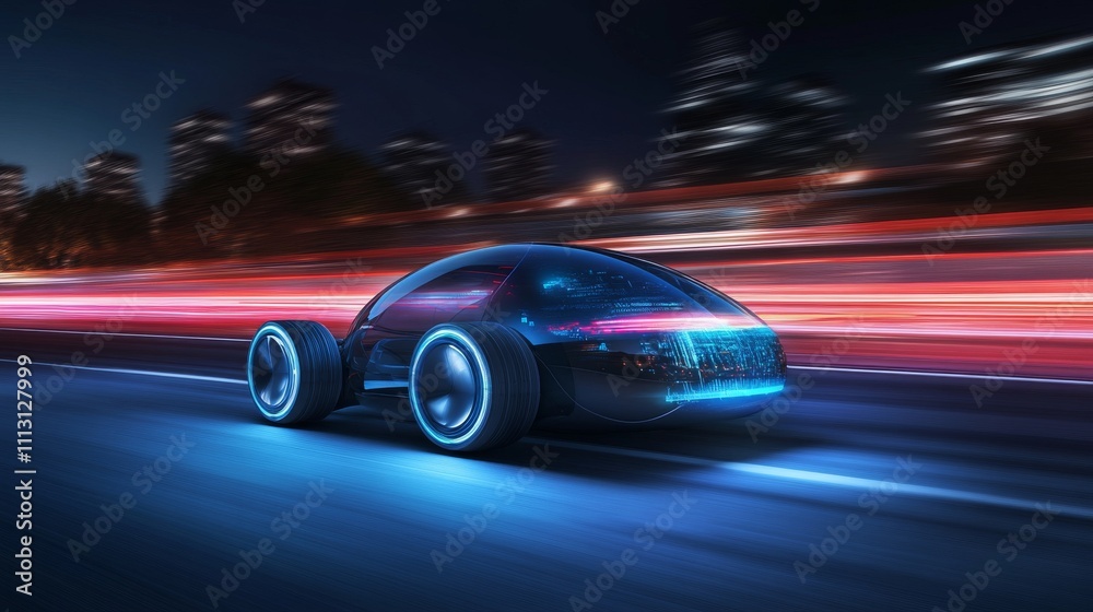 Futuristic electric car speeding at night. Futuristic electric car speeding at night.