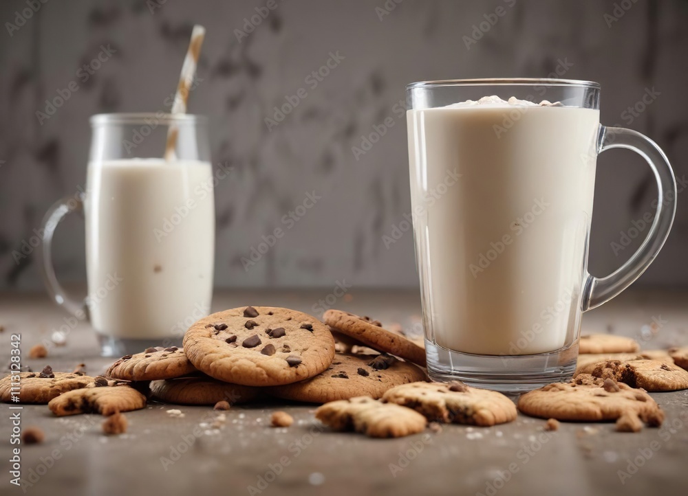 Crumbs and cookies scattered around a mug of cold milk, cookies, dessert Crumbs and cookies scattered around a mug of cold milk, cookies, dessert
