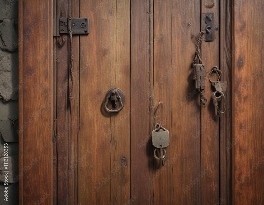 An old wooden door with a rusty old key and keyring hanging from a hook, neglect, hook An old wooden door with a rusty old key and keyring hanging from a hook, neglect, hook