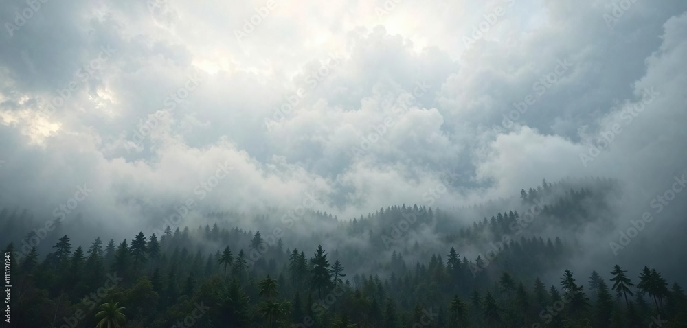 A dense forest is shrouded in thick smoke and dark clouds with heavy fog, overgrown vegetation, dense forest, dense foliage A dense forest is shrouded in thick smoke and dark clouds with heavy fog, overgrown vegetation, dense forest, dense foliage