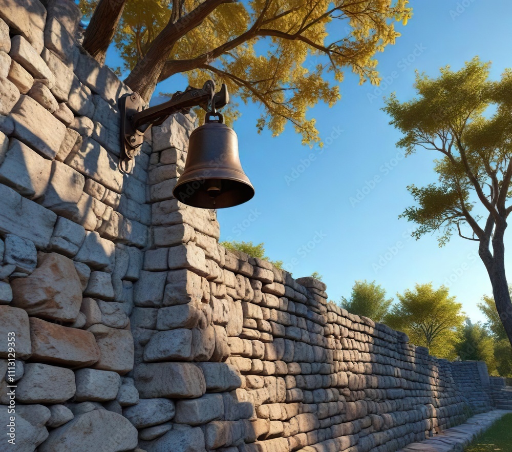 Obraz premium A clear blue sky above a stone wall with a bronze bell hanging from it and some trees in the background, scenery , metal, outdoor