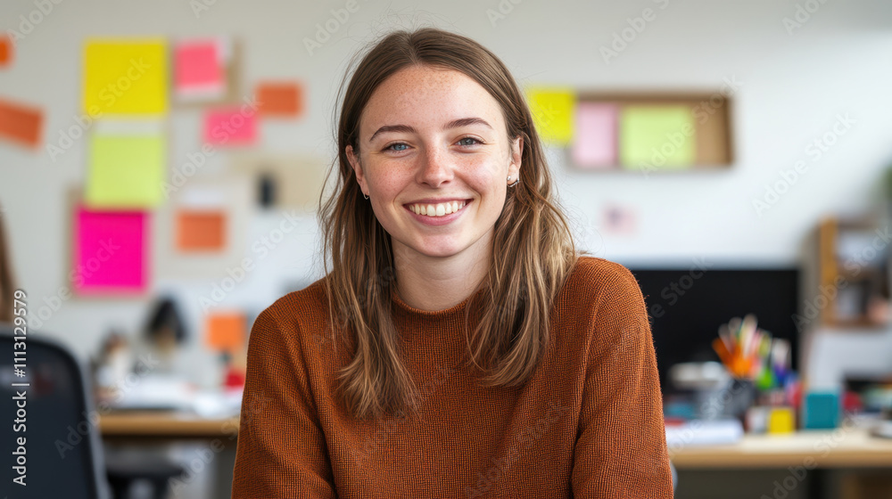 woman smiling confidently in creative studio filled with colorful notes and stationery. atmosphere is vibrant and inspiring, showcasing collaborative workspace woman smiling confidently in creative studio filled with colorful notes and stationery. atmosphere is vibrant and inspiring, showcasing collaborative workspace