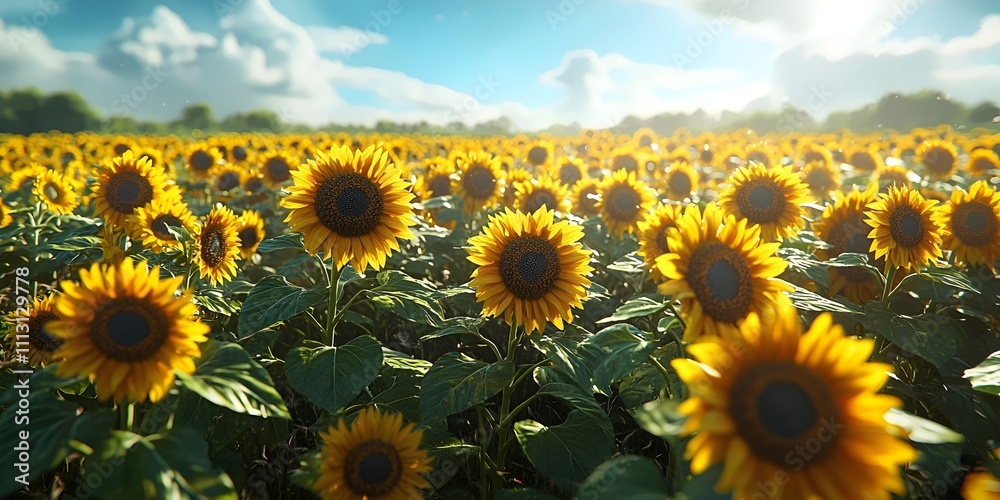 Fototapeta premium A vibrant field of sunflowers stretches to the horizon under a bright blue sky, showcasing the golden blooms basking in the warm sunlight, creating a cheerful and serene atmosphere.
