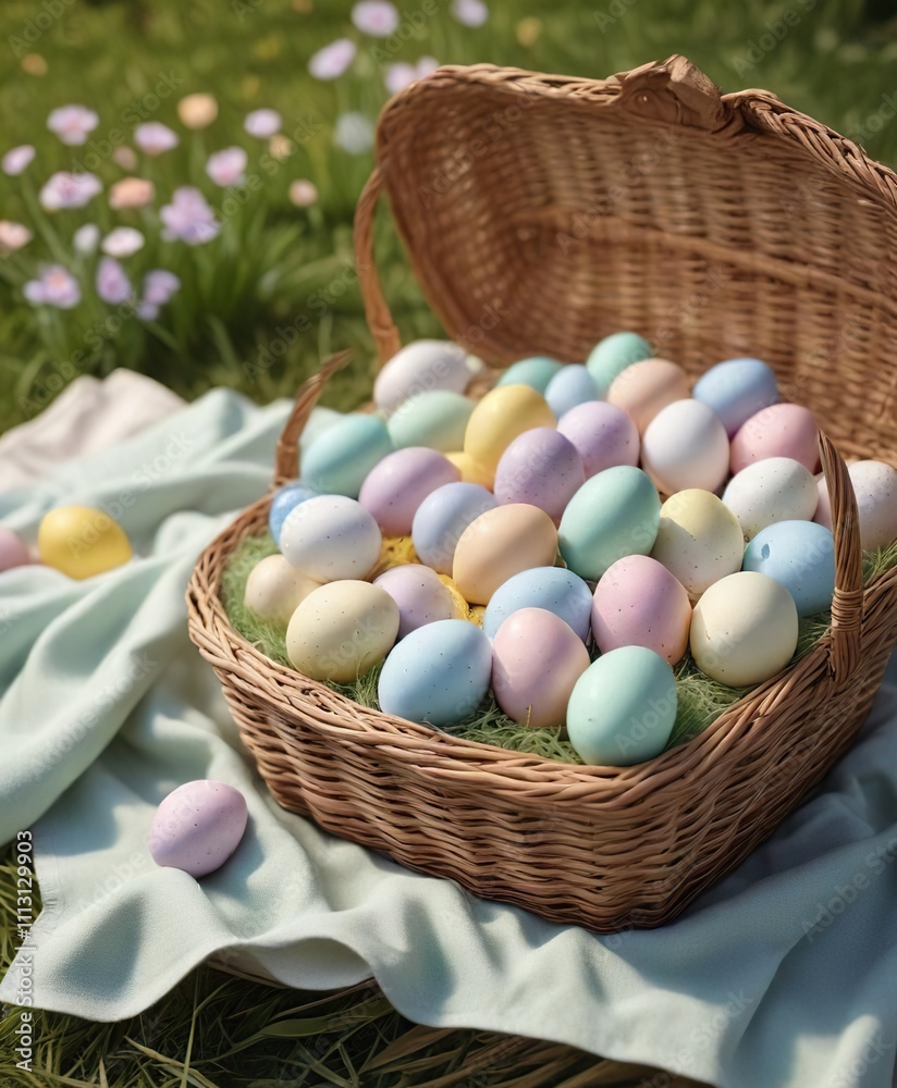 Pastel-colored Easter eggs in a wicker picnic basket , seasonal activities, natural fibers Pastel-colored Easter eggs in a wicker picnic basket , seasonal activities, natural fibers