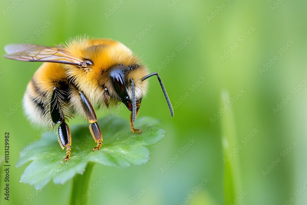 A close-up of a bumblebee perched on a green leaf.