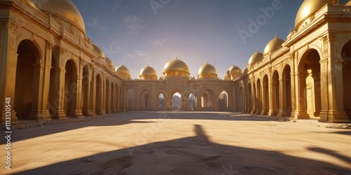 Domes of a golden building casting a majestic shadow on the ground , imposing, grandeur, domes