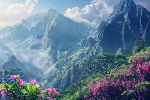 landscape green mountains in flowers