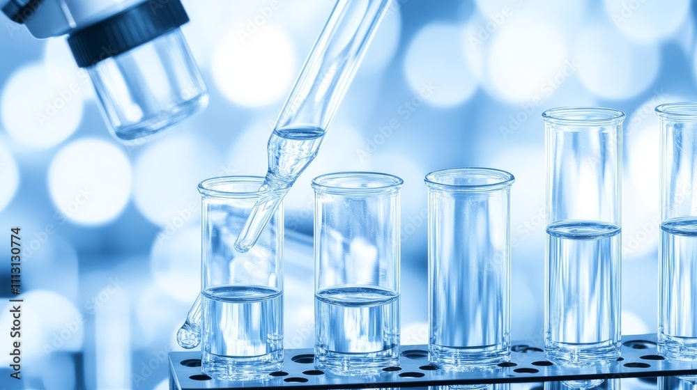 Laboratory setup with glassware and pipette. Laboratory setup with glassware and pipette.