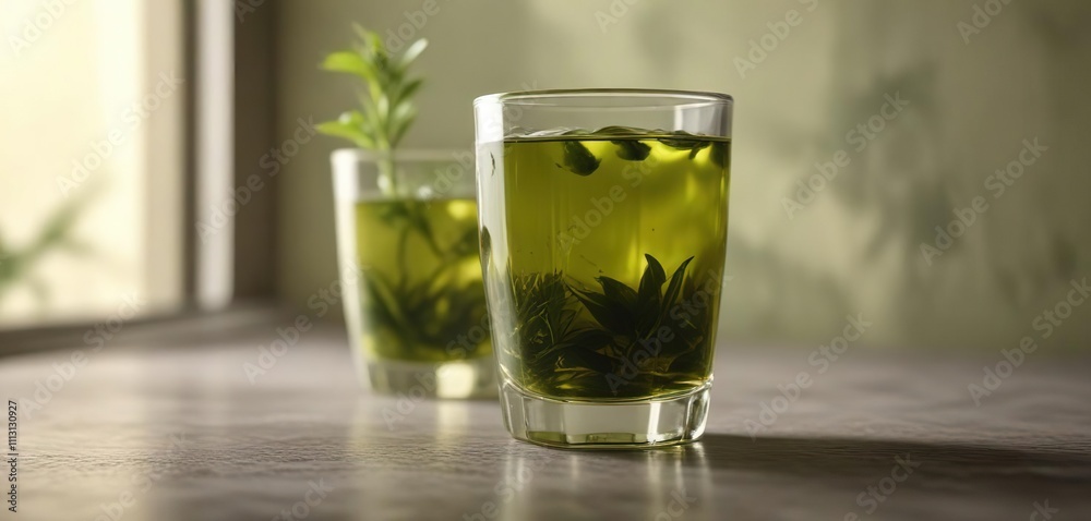 Dappled light on a glass of refreshing green tea drink, soft focus, cool temperature Dappled light on a glass of refreshing green tea drink, soft focus, cool temperature