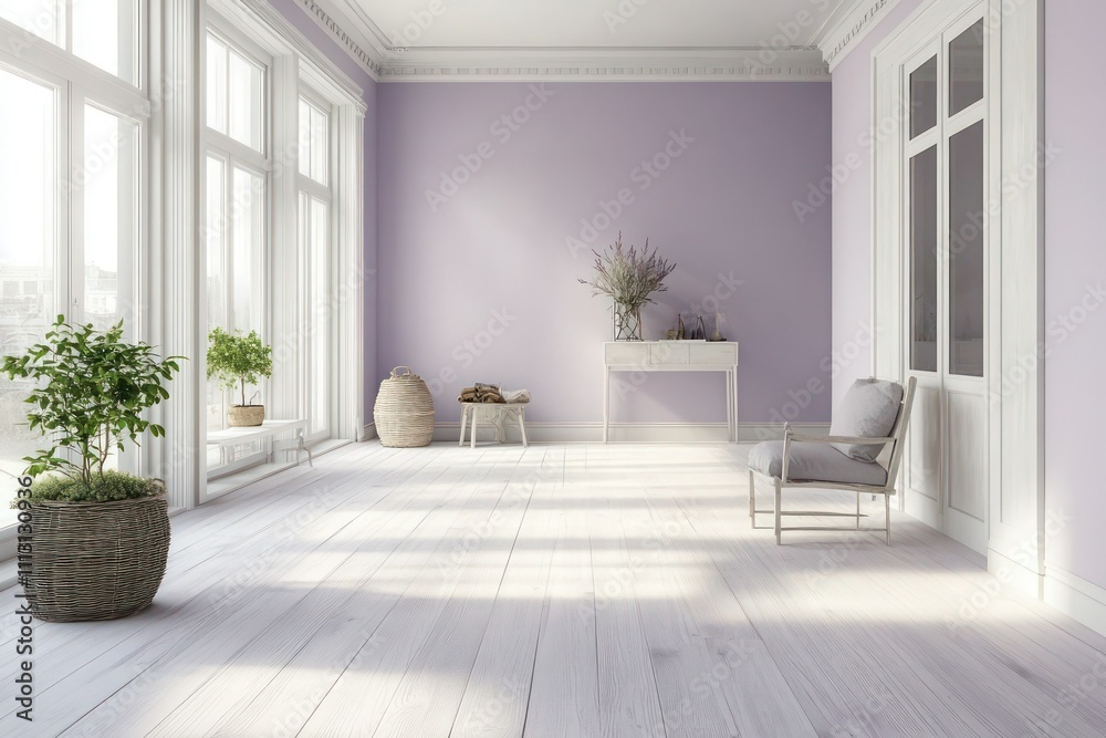 Bright loft with bleached wood floors and pale lavender walls, decorated in modern Scandinavian style with clean lines. Bright loft with bleached wood floors and pale lavender walls, decorated in modern Scandinavian style with clean lines.