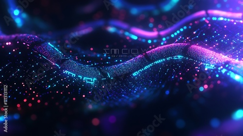 Abstract Digital Waveform: Glowing Neon Particles and Binary Code in a Dynamic 3D Render