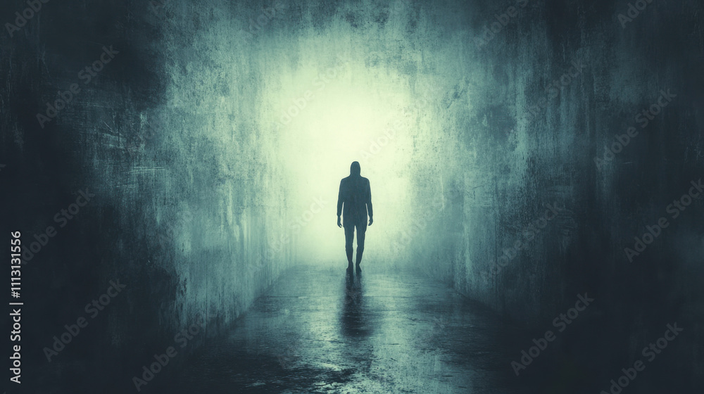 Horror, A solitary figure walks towards a bright light at the end of a dark, misty corridor, evoking feelings of mystery and introspection. Horror, A solitary figure walks towards a bright light at the end of a dark, misty corridor, evoking feelings of mystery and introspection.