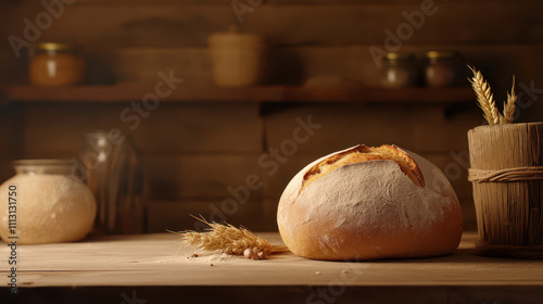 Freshly baked homemade bread on wooden board, surrounded by natural ingredients like wheat and jars. warm atmosphere evokes sense of comfort and tradition photo