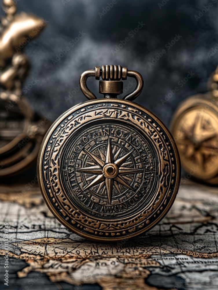 Fototapeta premium ancient compass on old vintage world map banner background - ai