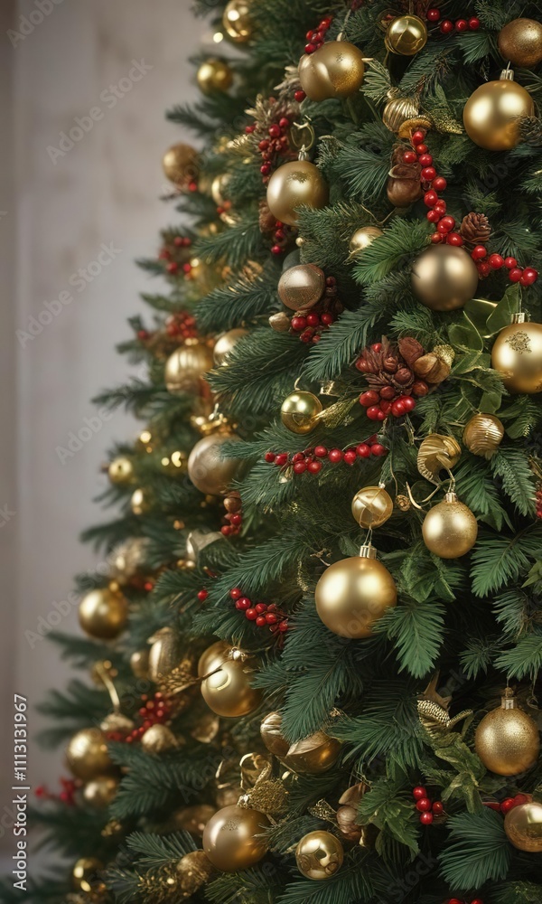 Green and gold garland with fresh pine and holly wrapped around Christmas tree , festive color scheme, christmas tree Green and gold garland with fresh pine and holly wrapped around Christmas tree , festive color scheme, christmas tree