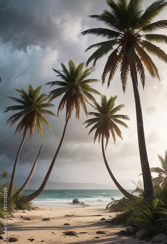 Obraz premium Storm-battered palm trees leaning against each other, wind-worn tree , twisted trunks, stormy skies