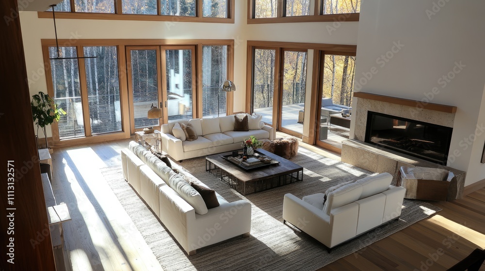Sunlit modern living room with large windows, fireplace, and comfortable sofas. Sunlit modern living room with large windows, fireplace, and comfortable sofas.
