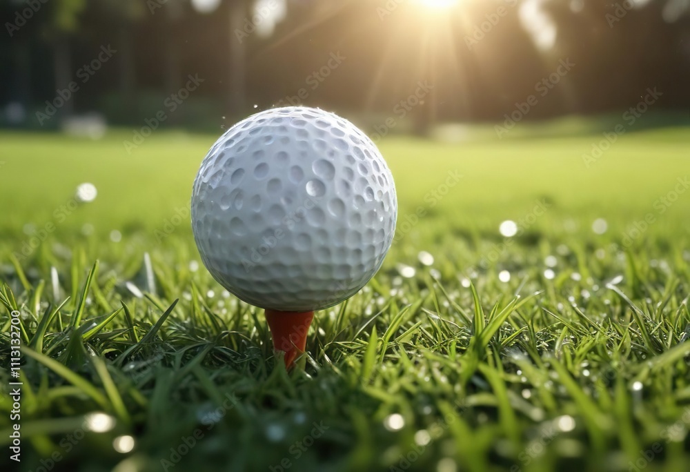 Golf ball on tee in morning sunlight, with dew drops glistening, golf ball, nature, golf club Golf ball on tee in morning sunlight, with dew drops glistening, golf ball, nature, golf club