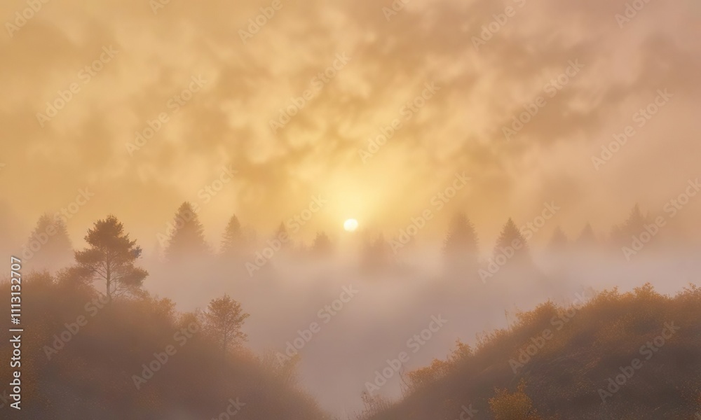 Obraz premium Pastel orange and yellow hues with a misty morning foggy atmosphere , , pastel yellow, blurred background