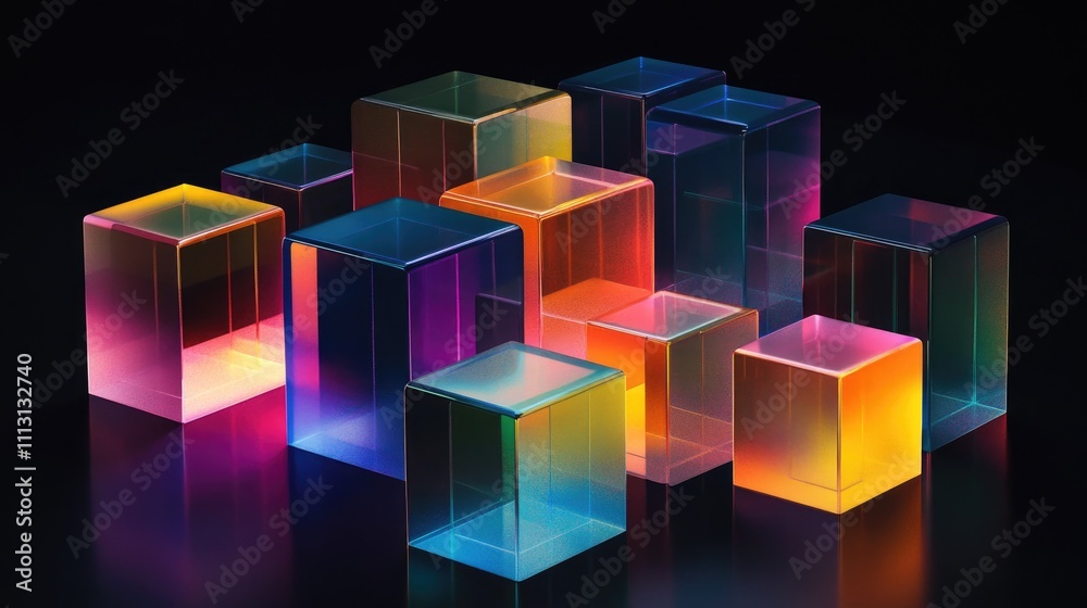 Modern Glass Cube Arrangement with Vibrant Color Shifts and Textural Layers Modern Glass Cube Arrangement with Vibrant Color Shifts and Textural Layers