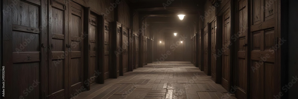 dimly lit corridor with rows of old wooden doors, mystery, hall of mirrors, shadows dimly lit corridor with rows of old wooden doors, mystery, hall of mirrors, shadows