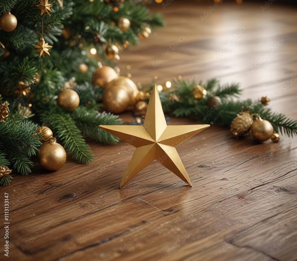 A single gold star sits at the center of a beautifully arranged winter wonderland scene on a wooden Christmas table, magical ambiance, pinecones A single gold star sits at the center of a beautifully arranged winter wonderland scene on a wooden Christmas table, magical ambiance, pinecones