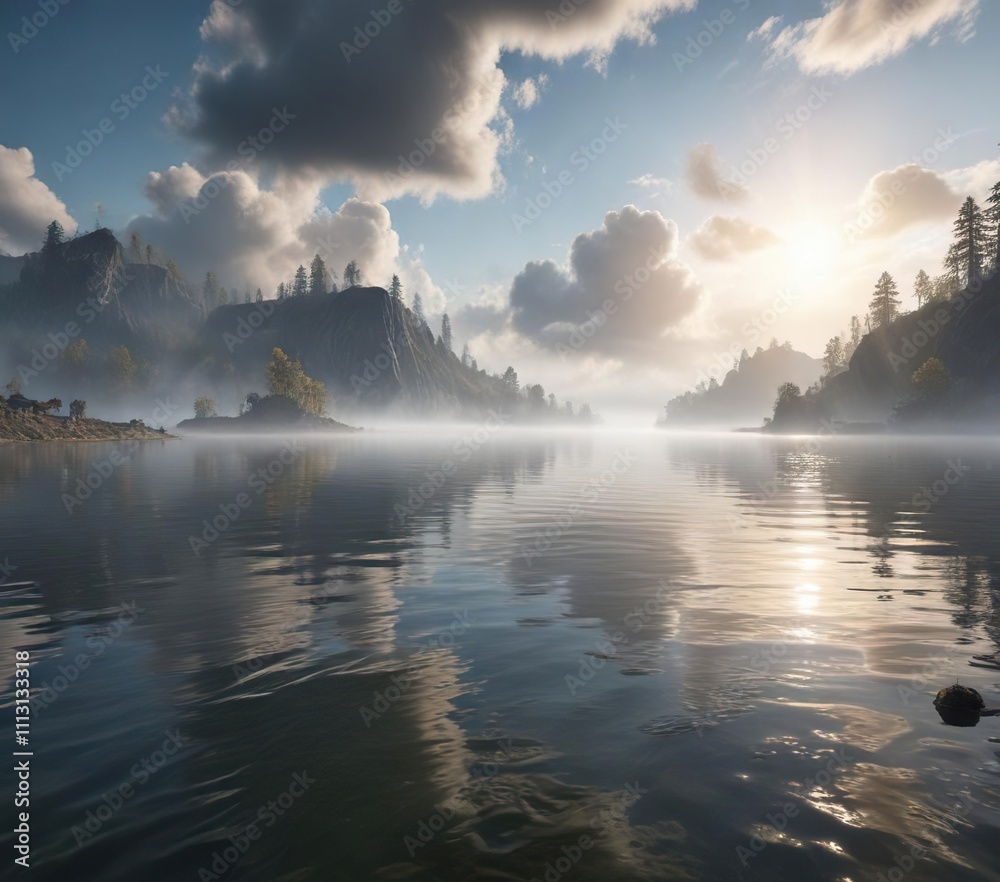Obraz premium Cloudy sky with mist rising from the lake's surface, mist, evaporation, lake