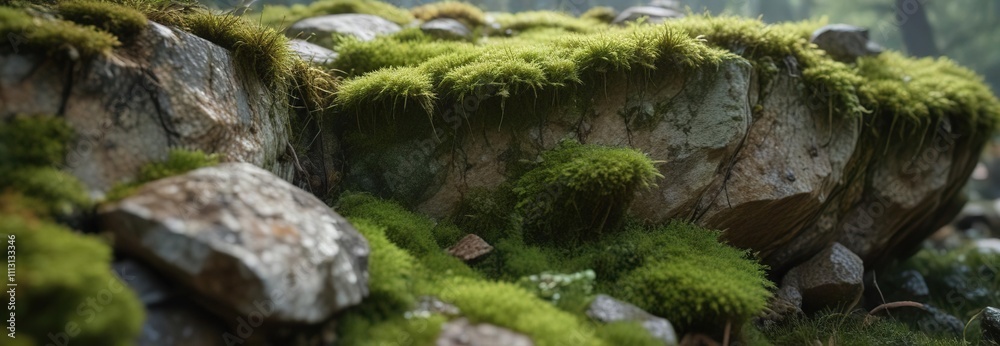 Detail of the underside of a moss-covered boulder, natural fiber, tiny plants Detail of the underside of a moss-covered boulder, natural fiber, tiny plants