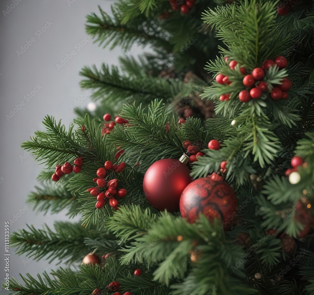 Evergreen and holly garland with fresh pine wrapped around a small Christmas tree , evergreen branches, holly, natural beauty Evergreen and holly garland with fresh pine wrapped around a small Christmas tree , evergreen branches, holly, natural beauty