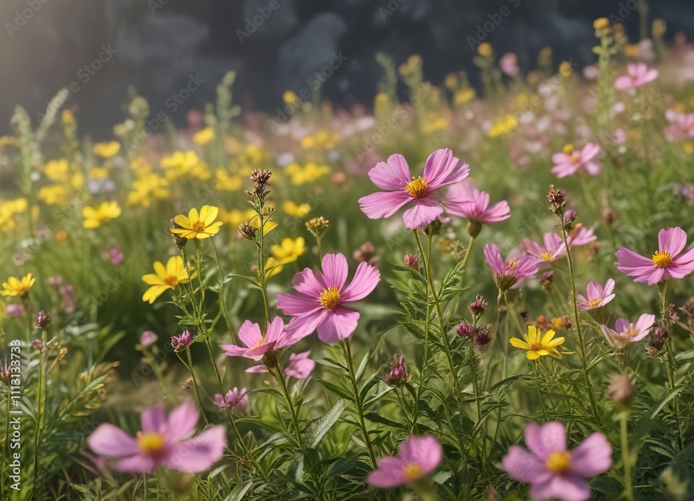 Fototapeta premium Soft petals of pink and yellow wildflowers swaying gently in the breeze , mountains, lake, greenery