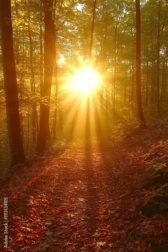 A serene forest scene capturing warm sunlight filtering through trees  illuminating a path covered with vibrant autumn leaves  evoking a sense of tranquility and peace.