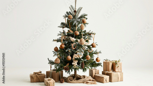 a rustic christmas tree with wooden ornaments on white abstract background