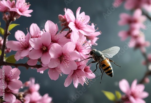 Insect drinking nectar from pink blossom centers , taiwan cherry tree, tui prosthemadera novaeseelandiae photo