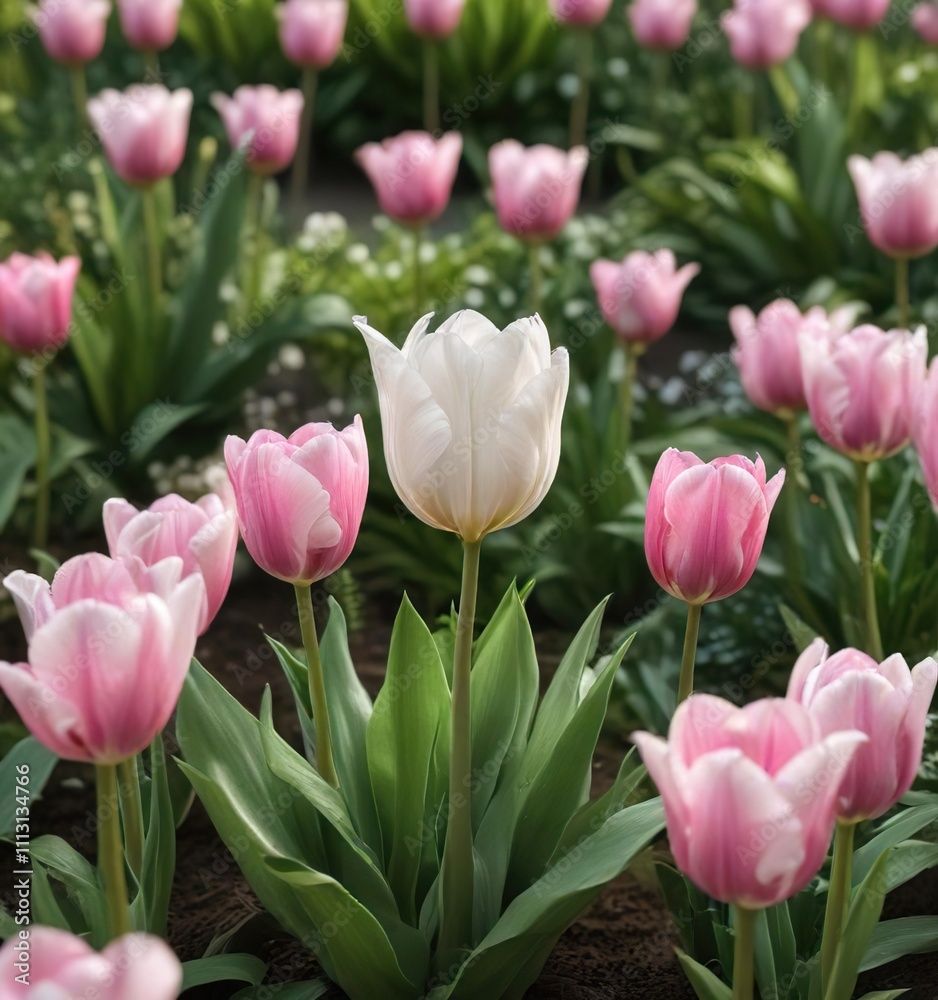 Pink and white tulip blooms nestled among lush green foliage, , garden path, pink tulips Pink and white tulip blooms nestled among lush green foliage, , garden path, pink tulips