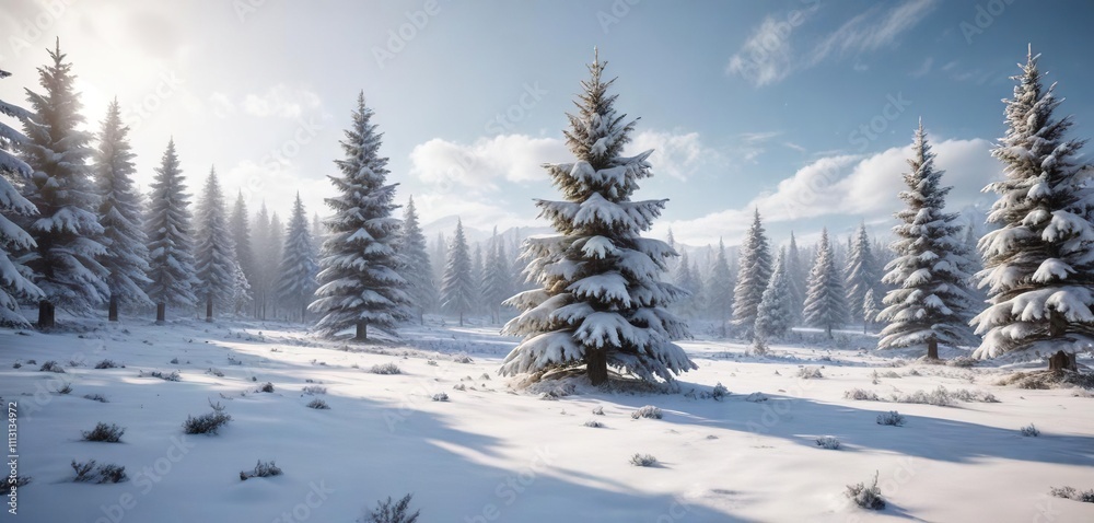 Frosty landscape with snow-covered trees and a Christmas tree in the center, festive decorations, winter scene, evergreen trees